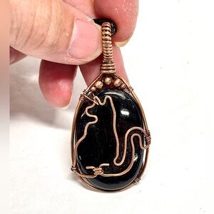 HAND CRAFTED Black Tourmaline Kitty Cat Wire Wrapped Copper Pendant Necklace